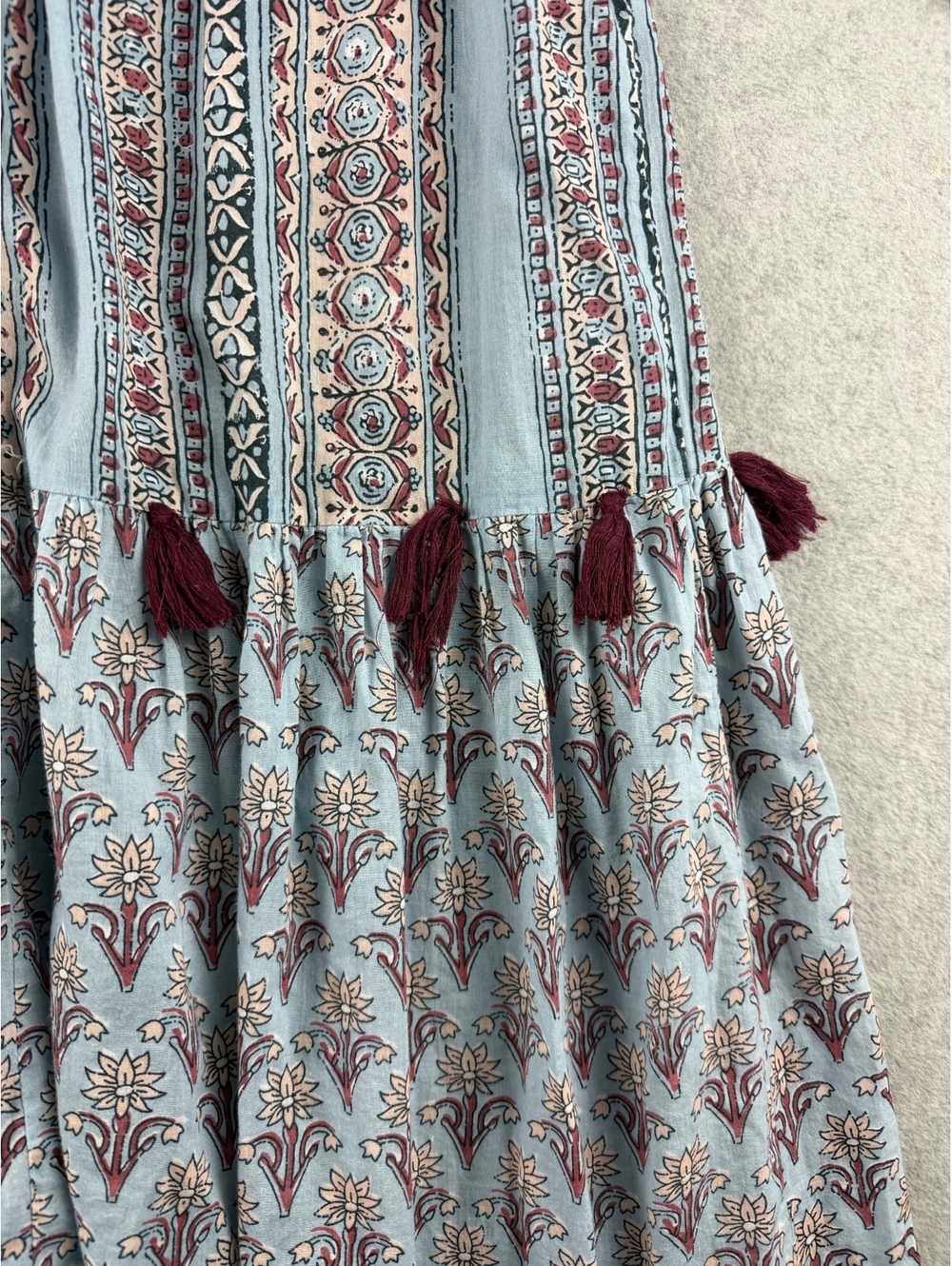 World Market L/XL Floral Maxi Dress Boho Tiered Cotton Tassel Blue - Picture 7 of 9